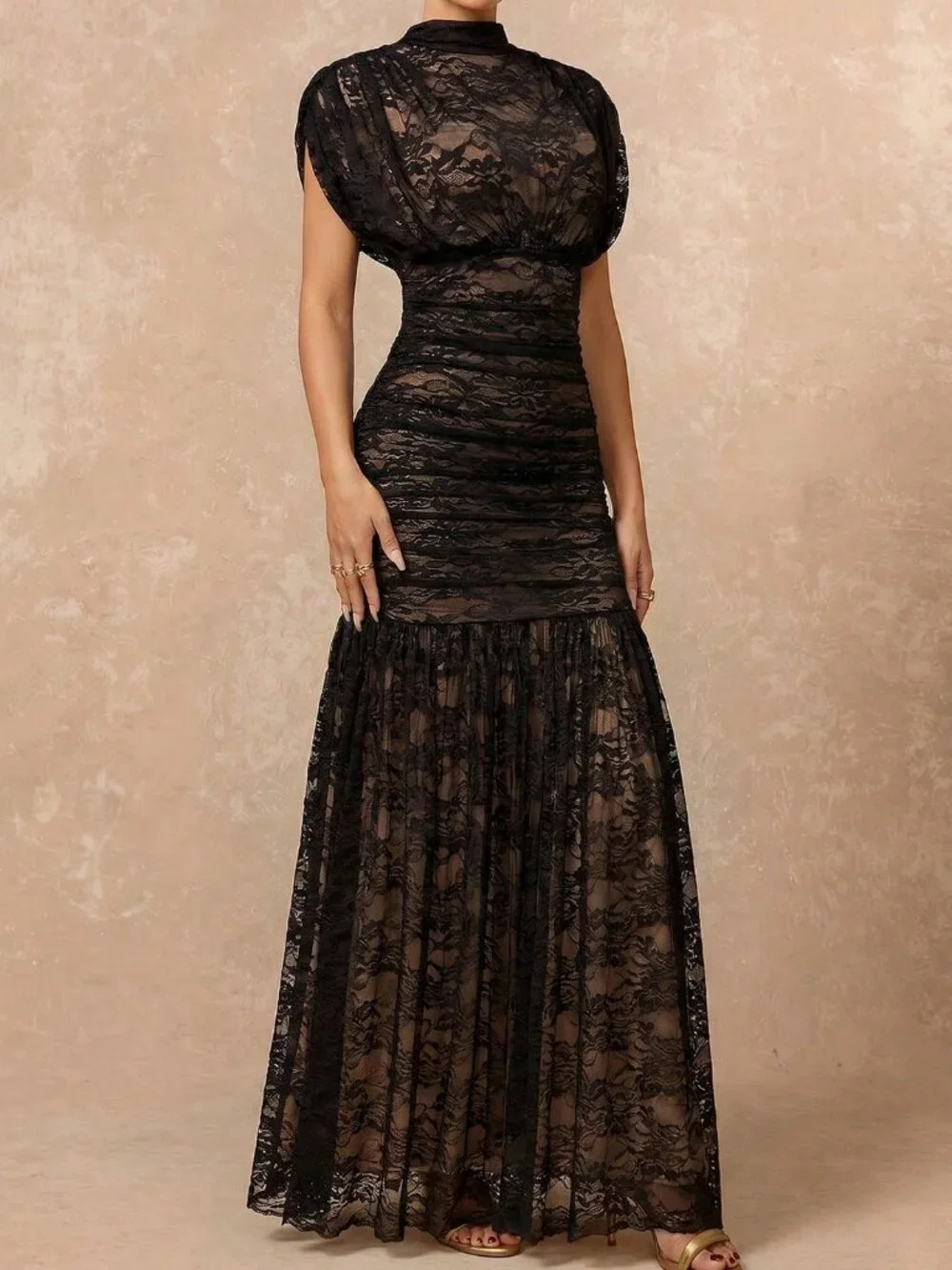 Black Elegant Women's Contrast Lace Stand Collar High Waist Bodycon Dress_4